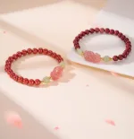 硃砂+草莓晶 鴻運納福平安貔貅 女士手鏈：圖片 6
