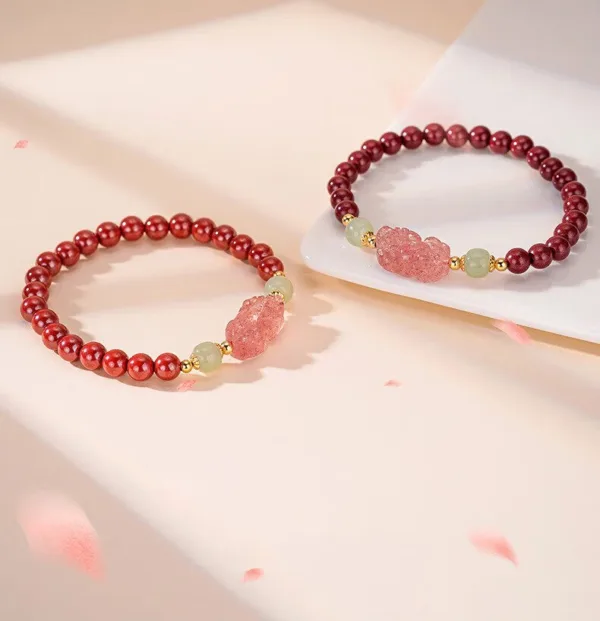 硃砂+草莓晶 鴻運納福平安貔貅 女士手鏈：圖片 6