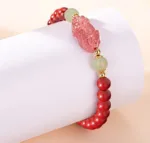 硃砂+草莓晶 鴻運納福平安貔貅 女士手鏈：圖片 3