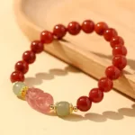 硃砂+草莓晶 鴻運納福平安貔貅 女士手鏈