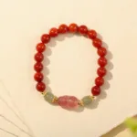 硃砂+草莓晶 鴻運納福平安貔貅 女士手鏈：圖片 4
