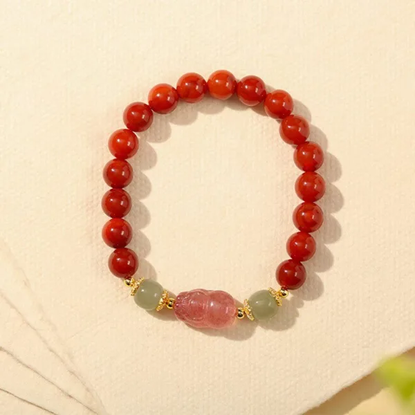 硃砂+草莓晶 鴻運納福平安貔貅 女士手鏈：圖片 4