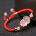 粉水晶小豬貔貅招財手鏈 女士貔貅手串